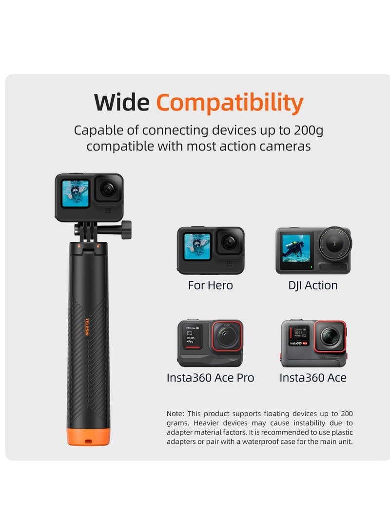 Floating tripod selfie stick, waterproof telescopic selfie stick, tripod, handle, 30m waterproof, can be connected to devices weighing up to 200g, compatible with most sports cameras