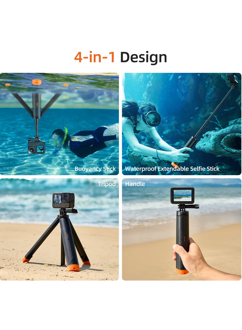 Floating tripod selfie stick, waterproof telescopic selfie stick, tripod, handle, 30m waterproof, can be connected to devices weighing up to 200g, compatible with most sports cameras