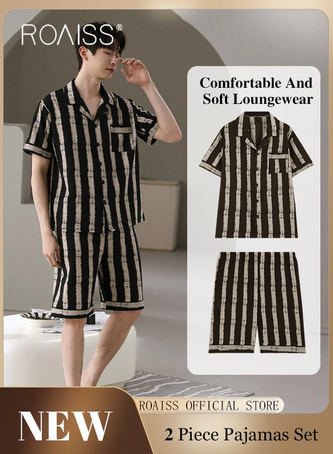 2 Piece Casual Pajamas Set for Men Thin Lapel Collar Satin Short Sleeve Loungewear Involves Top and Shorts Men's Loose Fit Comfy Breathable Sleep Wear Sets with Stripe Print