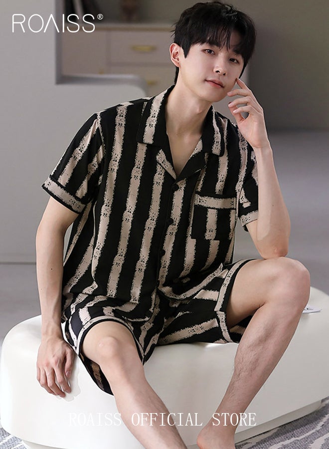 2 Piece Casual Pajamas Set for Men Thin Lapel Collar Satin Short Sleeve Loungewear Involves Top and Shorts Men's Loose Fit Comfy Breathable Sleep Wear Sets with Stripe Print