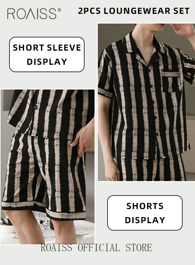 2 Piece Casual Pajamas Set for Men Thin Lapel Collar Satin Short Sleeve Loungewear Involves Top and Shorts Men's Loose Fit Comfy Breathable Sleep Wear Sets with Stripe Print