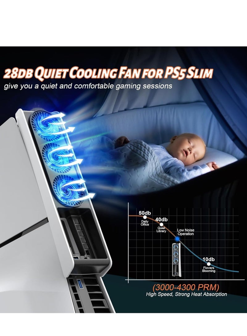 PS5 Slim Cooling Fan with Auto Speed Control and LED Lights, Quieter Design with USB3.0 Hubs, Compatible with PS5 Slim Disc and Digital Editions