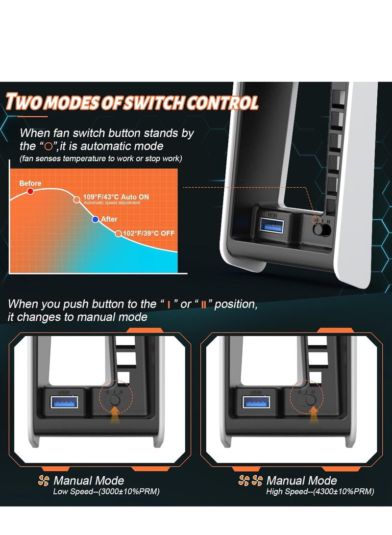 PS5 Slim Cooling Fan with Auto Speed Control and LED Lights, Quieter Design with USB3.0 Hubs, Compatible with PS5 Slim Disc and Digital Editions