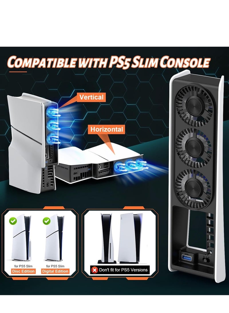 PS5 Slim Cooling Fan with Auto Speed Control and LED Lights, Quieter Design with USB3.0 Hubs, Compatible with PS5 Slim Disc and Digital Editions