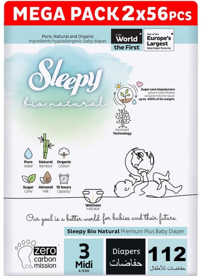 Sleepy Bio Natural Premium Size 3 Diapers 112 Count 2-5Kg Hypoallergenic Water Based  Almond Milk  Vegan  100% Leakproof