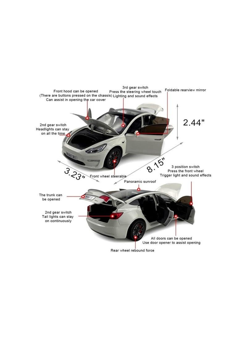 1:24 White Model 3 Gull Wing Doors Children Diecast Toy Car, Pull Back Alloy Car With Light And Music, Gift For Boys And Girls