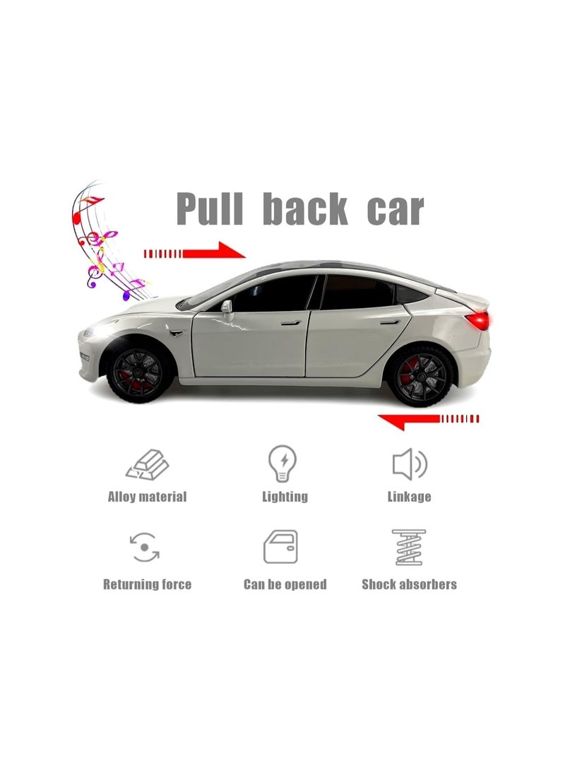 1:24 White Model 3 Gull Wing Doors Children Diecast Toy Car, Pull Back Alloy Car With Light And Music, Gift For Boys And Girls