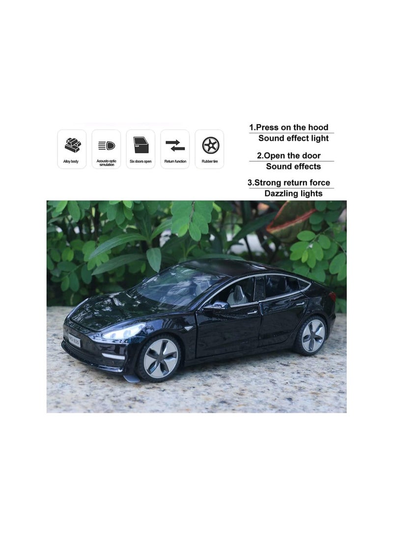 1:32 Black Tesla Model 3 Car Diecast Toy Car For Kids, Pull Back Alloy Car With Light And Music, Kids Gift Mini Vehicle Toy, Kids Birthday Gift