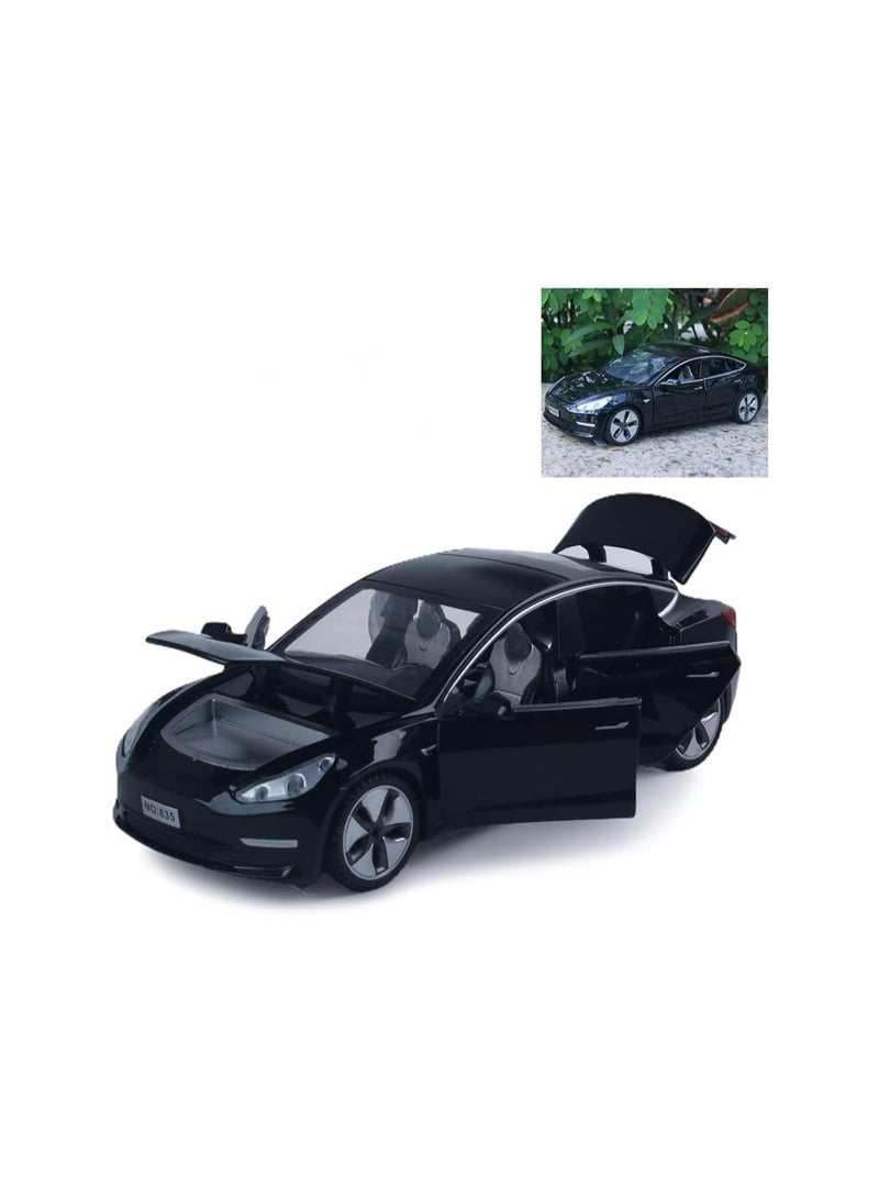 1:32 Black Tesla Model 3 Car Diecast Toy Car For Kids, Pull Back Alloy Car With Light And Music, Kids Gift Mini Vehicle Toy, Kids Birthday Gift