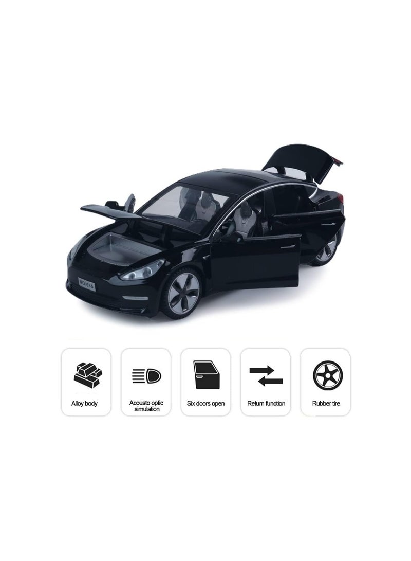 1:32 Black Tesla Model 3 Car Diecast Toy Car For Kids, Pull Back Alloy Car With Light And Music, Kids Gift Mini Vehicle Toy, Kids Birthday Gift