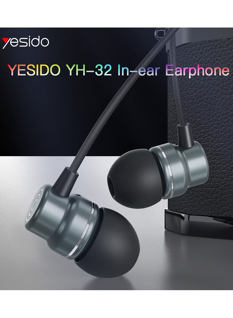 YH32 Stereo Earphone Aluminum Alloy Braided Wire With HD Microphone 3.5mm Earbuds In-Ear Stereo Sport Earphone Black