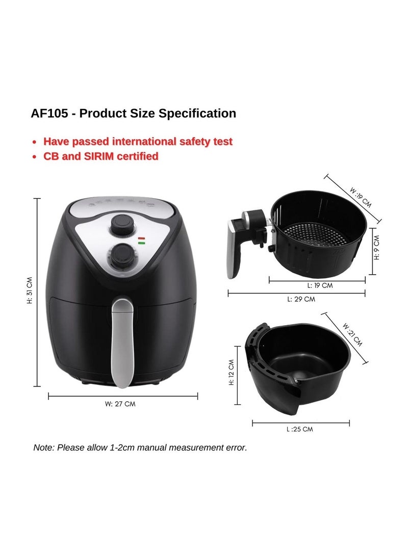 Hiraki Sirim Approved Safety Air Fryer Oil Free Electronic Pan Large 3.8l With 1300w AF105