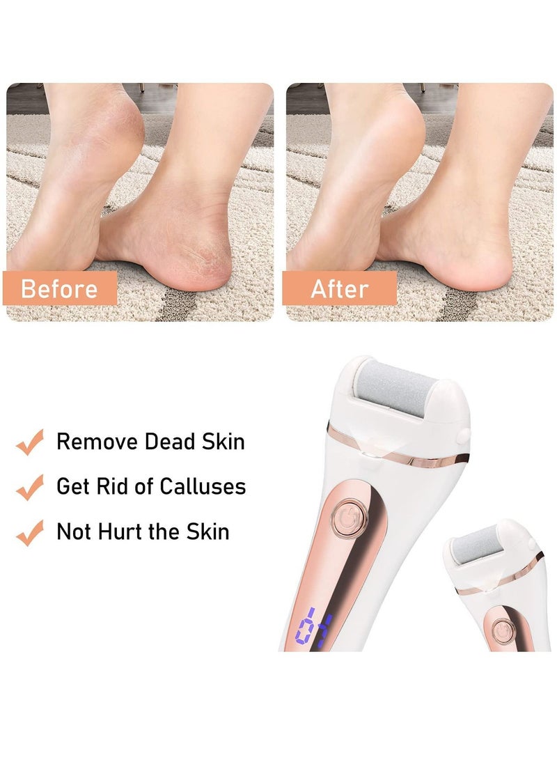 Electric Foot Callus Remover Kit, Rechargeable Waterproof Foot Scrubber with LED Light Battery Display, Pedicure Tools with 3 Roller Heads 2 Speed for Remove Cracked Heels Calluses Hard Skin