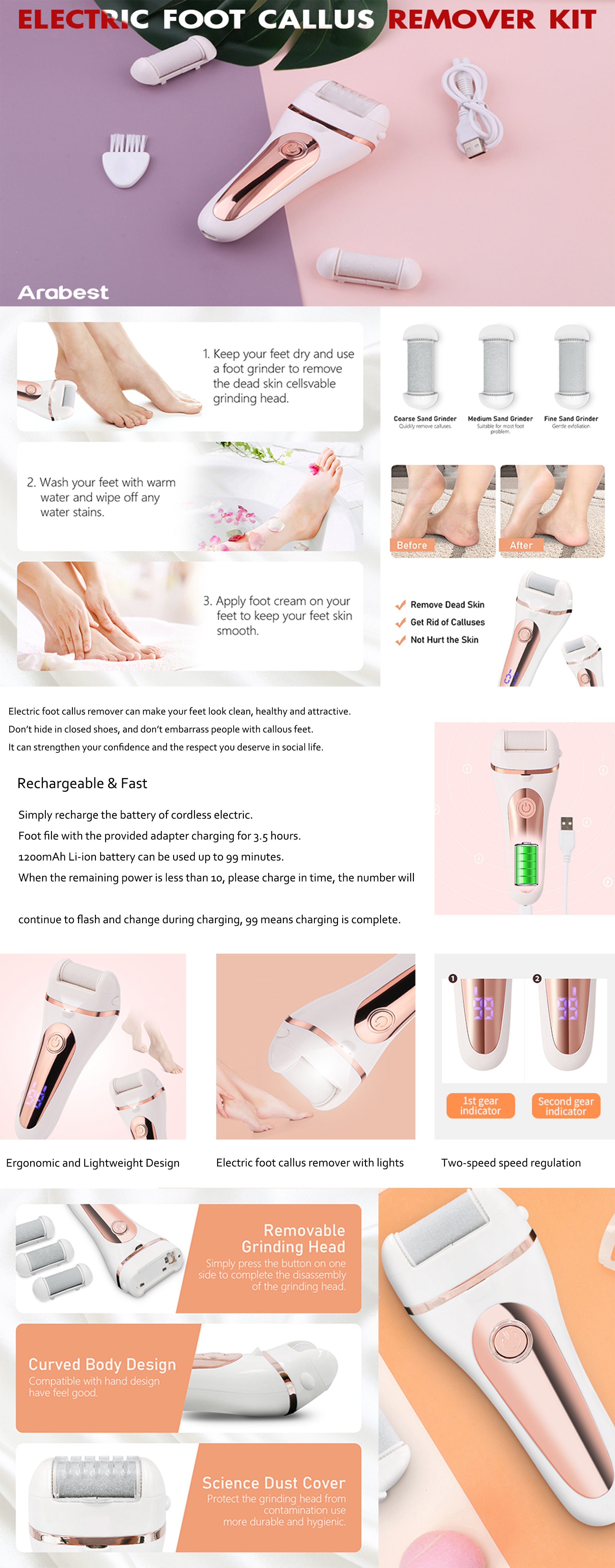 Electric Foot Callus Remover Kit, Rechargeable Waterproof Foot Scrubber with LED Light Battery Display, Pedicure Tools with 3 Roller Heads 2 Speed for Remove Cracked Heels Calluses Hard Skin