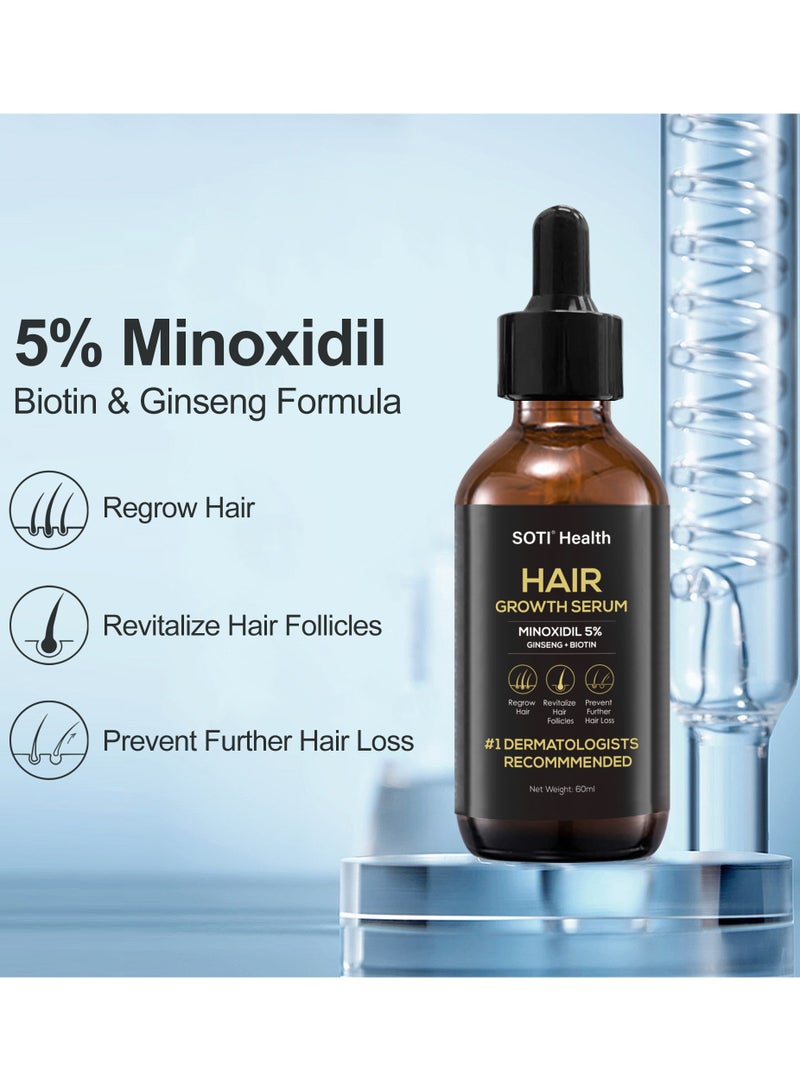 Soti Minoxidil 5% Hair Growth, Hair Loss Regrowth Serum 60ml. Made in USA! Dermatologists Recommended. Ginseng and Biotin Extra Strength Formula (1 Pack)
