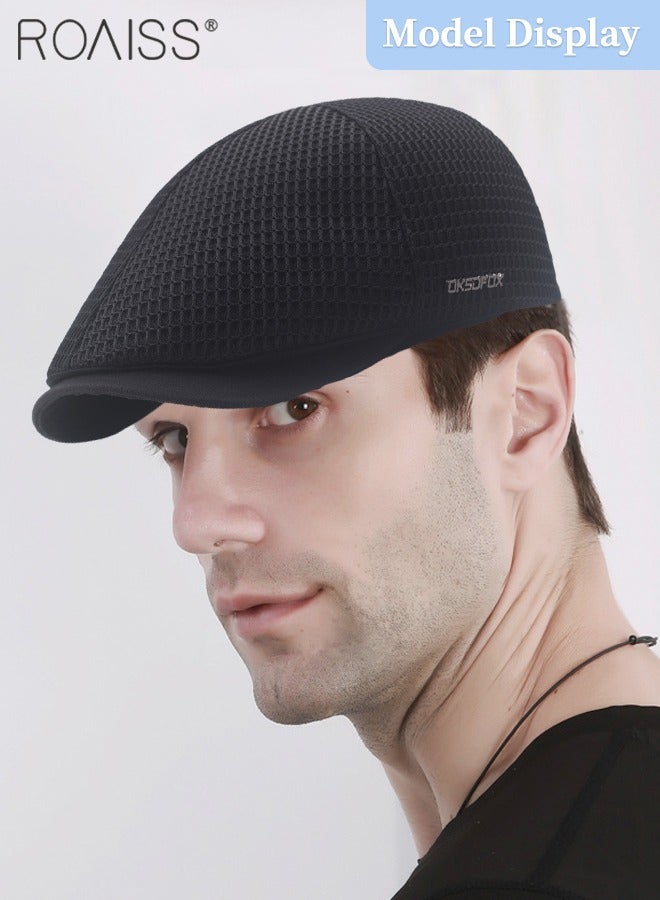 Adjustable Newsboy Cap for Men Vintage Beret Flat Cap Breathable Mesh Hat Mens Summer Hat Golf Fishing Hat (Black, One Size)