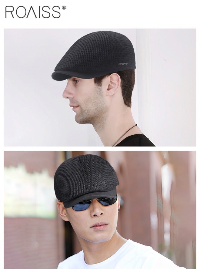 Adjustable Newsboy Cap for Men Vintage Beret Flat Cap Breathable Mesh Hat Mens Summer Hat Golf Fishing Hat (Black, One Size)