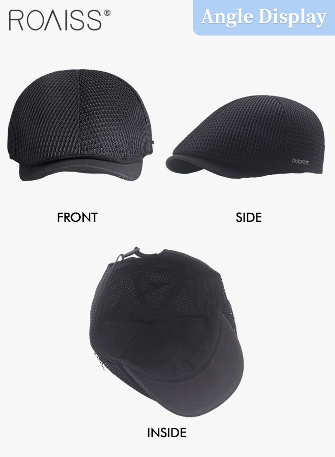 Adjustable Newsboy Cap for Men Vintage Beret Flat Cap Breathable Mesh Hat Mens Summer Hat Golf Fishing Hat (Black, One Size)