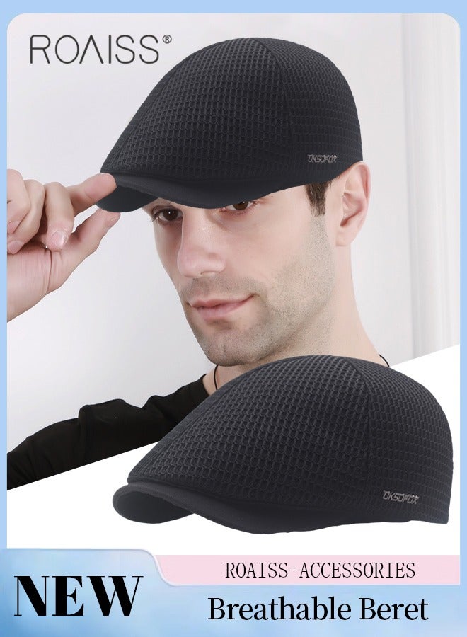 Adjustable Newsboy Cap for Men Vintage Beret Flat Cap Breathable Mesh Hat Mens Summer Hat Golf Fishing Hat (Black, One Size)