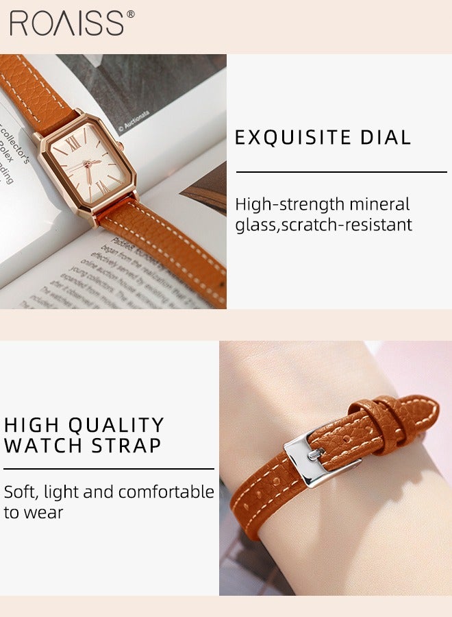 Women's Leather Strap Quartz Watch, Analog Display Rectangle Dial, Waterproof Fashionable Simple Wristwatch as Gift for Ladies, Light Brown