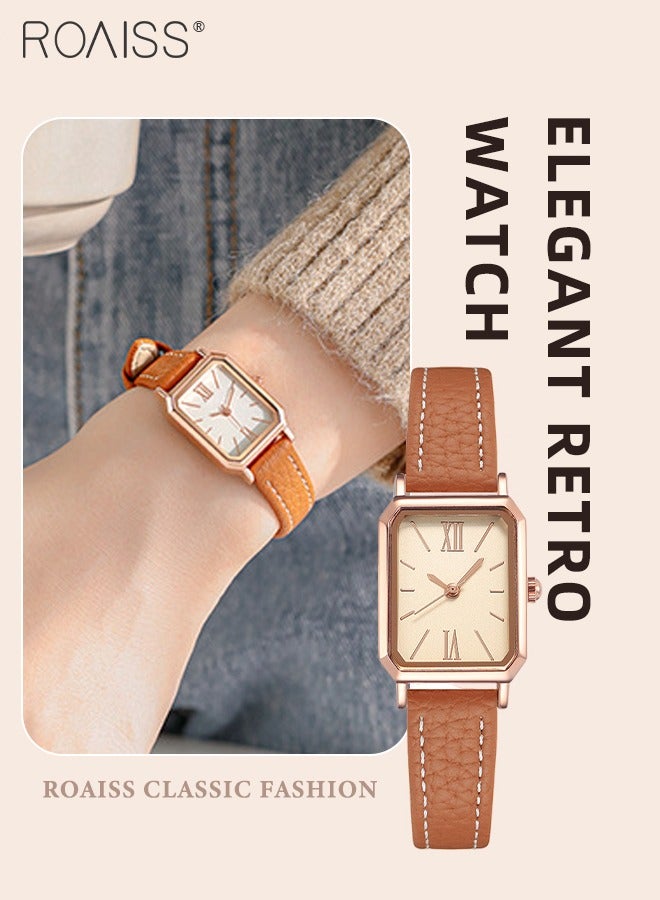 Women's Leather Strap Quartz Watch, Analog Display Rectangle Dial, Waterproof Fashionable Simple Wristwatch as Gift for Ladies, Light Brown