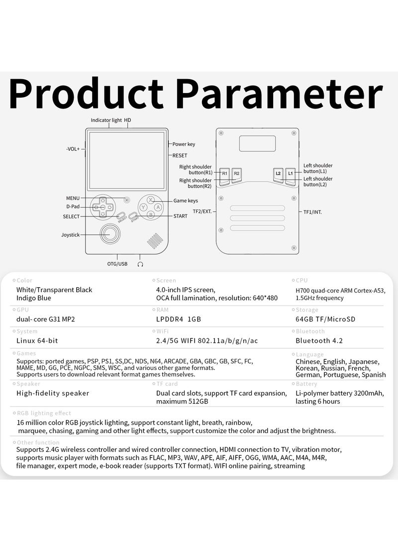 RG40XXV Handheld Game Console,4.0-inch IPS 640*480,64G/128G TF Card with 10,000+ Games,3200mAh 6+Hours Battery, Support Wireless Network (white 128G)