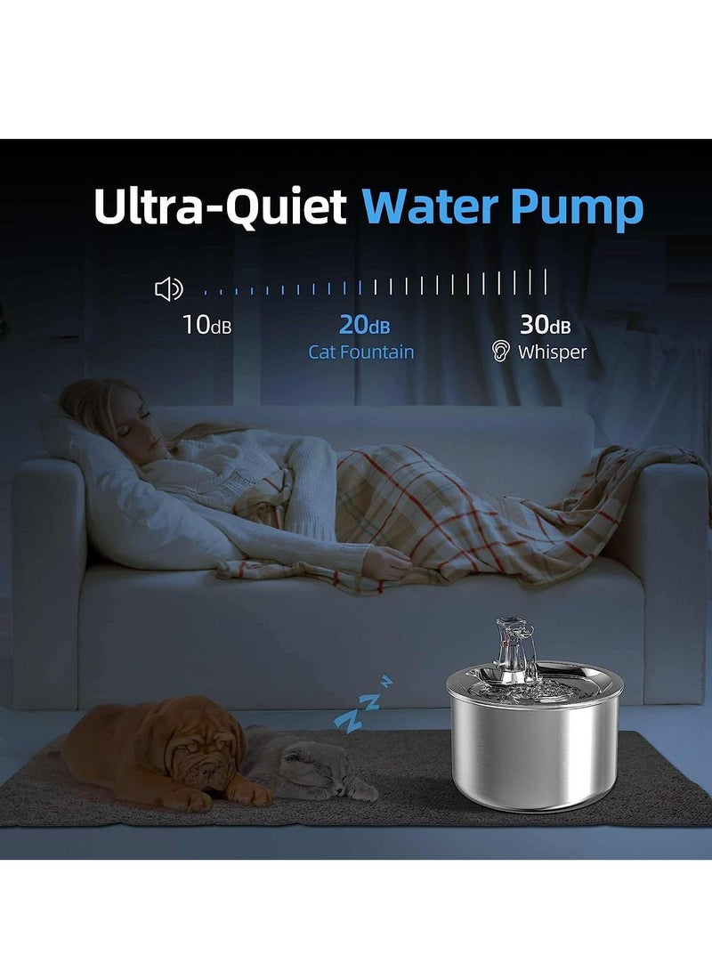 Pet Stainless Steel Automatic Water Fountain, 2L/67OZ,Stainless Steel Inside Ultra-Quiet Pump,Multiple Pets Water Fountain