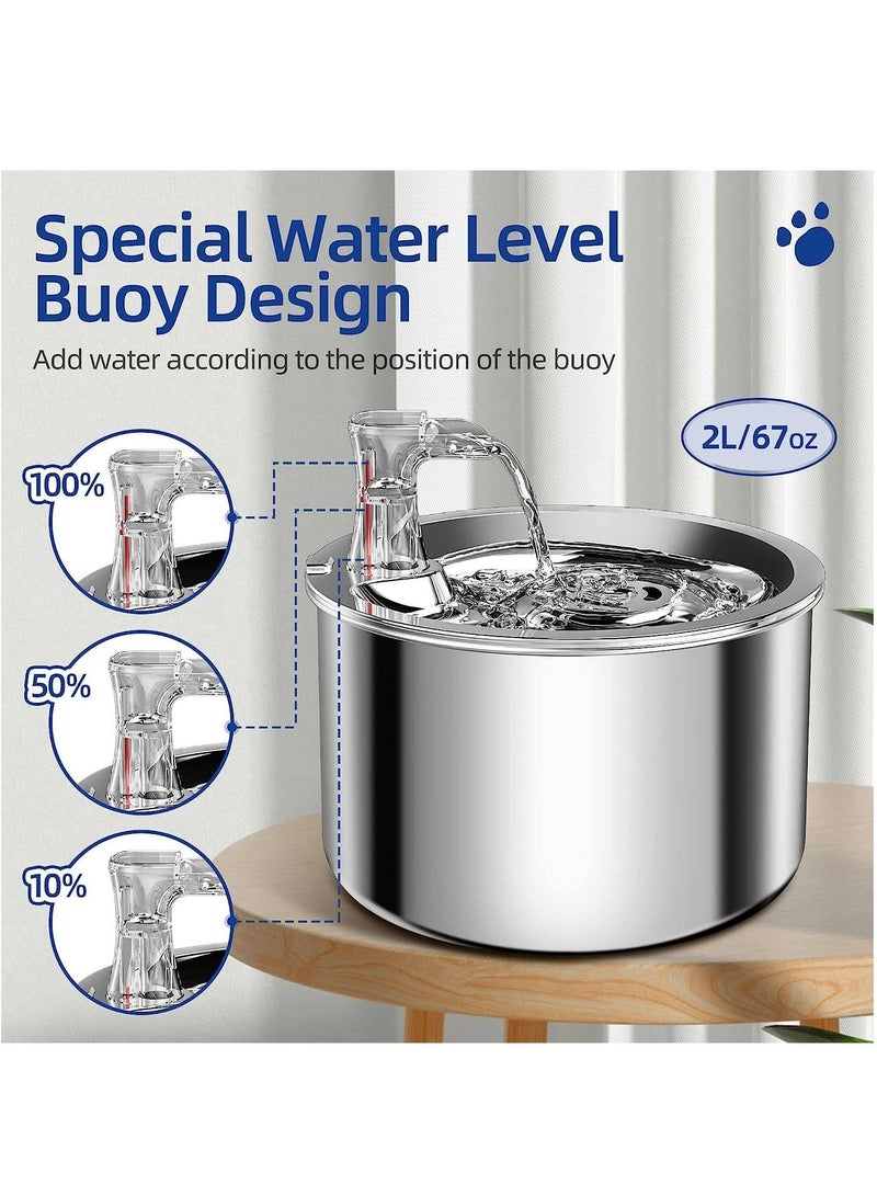 Pet Stainless Steel Automatic Water Fountain, 2L/67OZ,Stainless Steel Inside Ultra-Quiet Pump,Multiple Pets Water Fountain