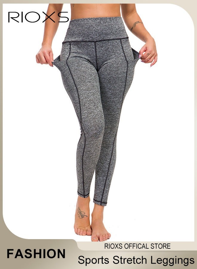 Women's High Waist Solid Yoga Running Pants Tummy Control Fitness Workout Leggings With Pockets For Phone