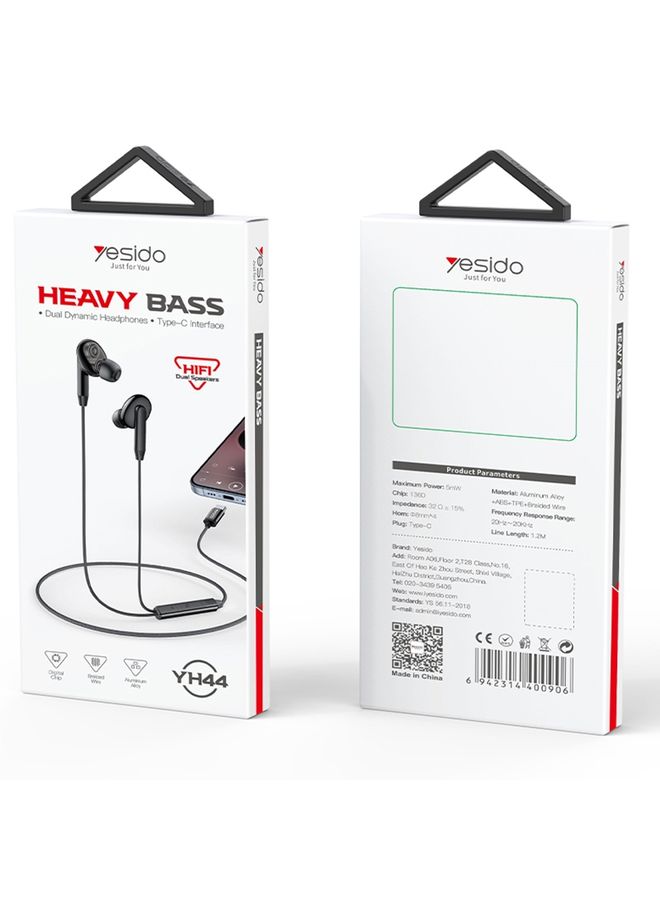 Yesido YH44 Type-C / USB-C In-Ear Wired Earphone, Length: 1.2m (Black)