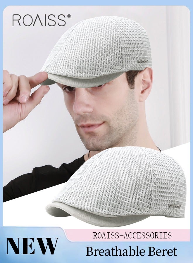 Adjustable Newsboy Cap for Men Vintage Beret Flat Cap Breathable Mesh Hat Mens Summer Hat Golf Fishing Hat (Light Grey, One Size)