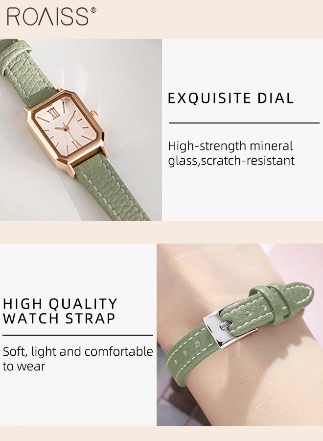 Women's Leather Strap Quartz Watch, Analog Display Rectangle Dial, Waterproof Fashionable Simple Wristwatch as Gift for Ladies, Green