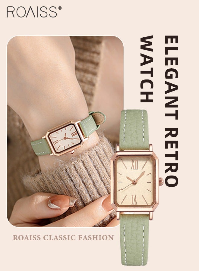 Women's Leather Strap Quartz Watch, Analog Display Rectangle Dial, Waterproof Fashionable Simple Wristwatch as Gift for Ladies, Green