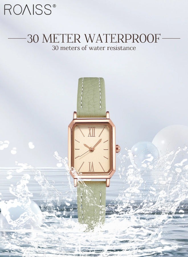 Women's Leather Strap Quartz Watch, Analog Display Rectangle Dial, Waterproof Fashionable Simple Wristwatch as Gift for Ladies, Green