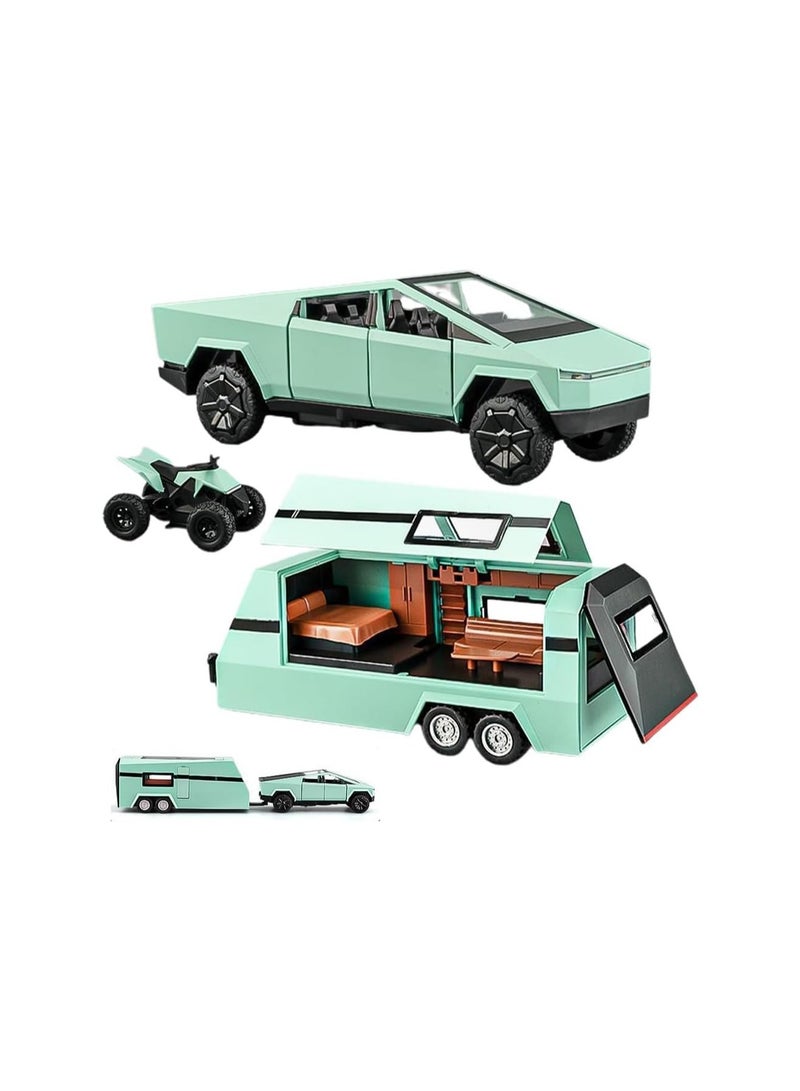 1/32 All Green Pickup Trailer Rv Model Kit, Off-Road Vehicle Alloy, Car Model Diecast Metal Toy, Truck Model Simulation Sound And Light, Boys Girls Gift