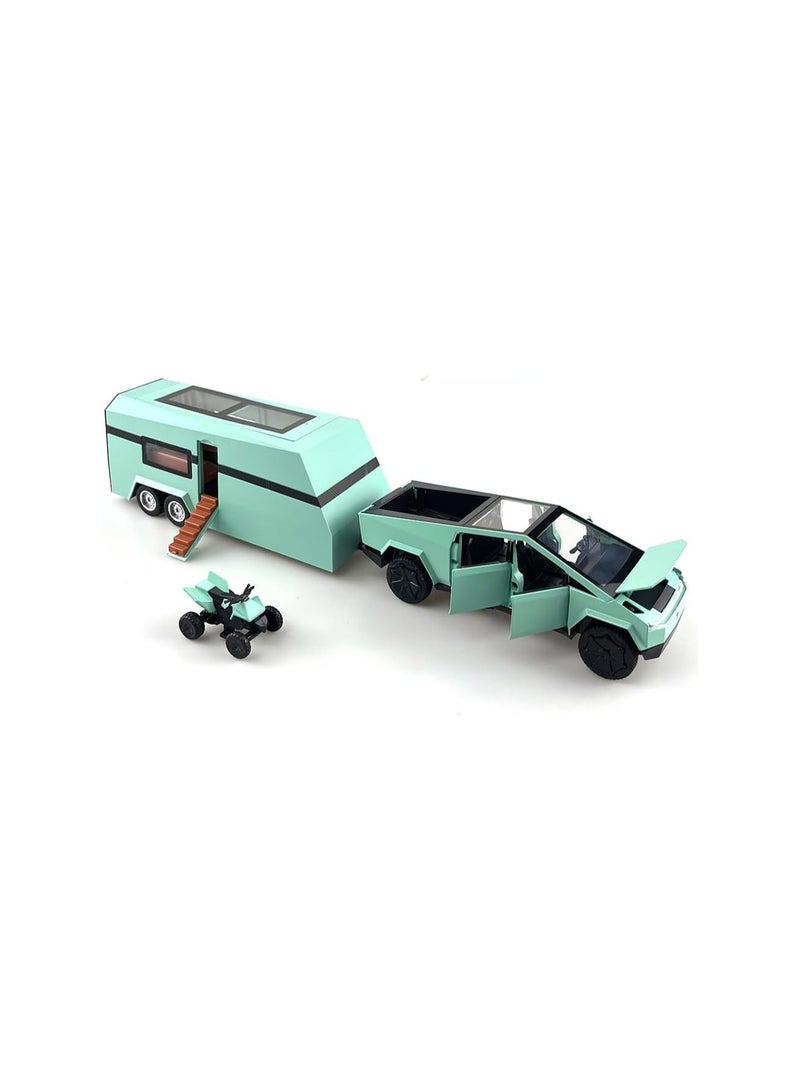 1/32 All Green Pickup Trailer Rv Model Kit, Off-Road Vehicle Alloy, Car Model Diecast Metal Toy, Truck Model Simulation Sound And Light, Boys Girls Gift