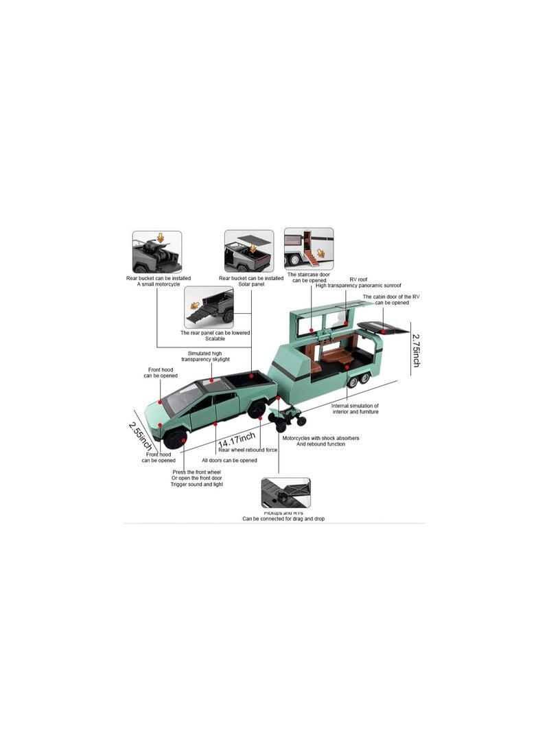 1/32 All Green Pickup Trailer Rv Model Kit, Off-Road Vehicle Alloy, Car Model Diecast Metal Toy, Truck Model Simulation Sound And Light, Boys Girls Gift