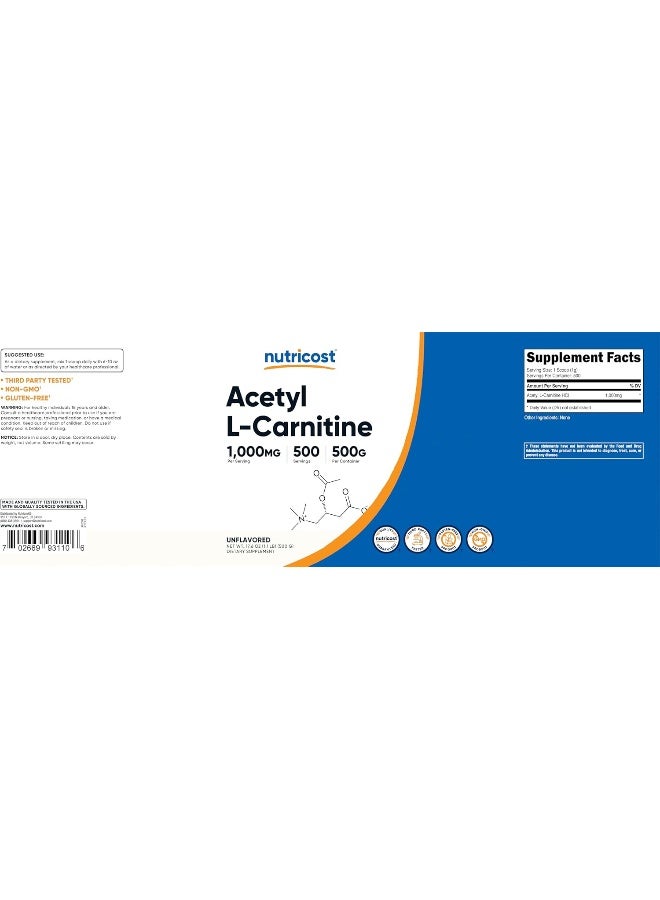 Acetyl L-Carnitine Alcar 500 Grams - 1000Mg Per Serving - Pure Acetyl L-Carnitine Powder