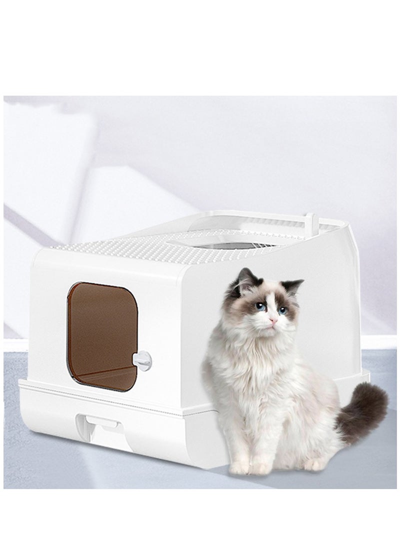 Cat Litter Box Top Entry Cat Litter Box with Lid, Large Covered Litter Box for Cats Foldable Leak Proof Cat Toilet with Cat Litter Scooper and Drawer