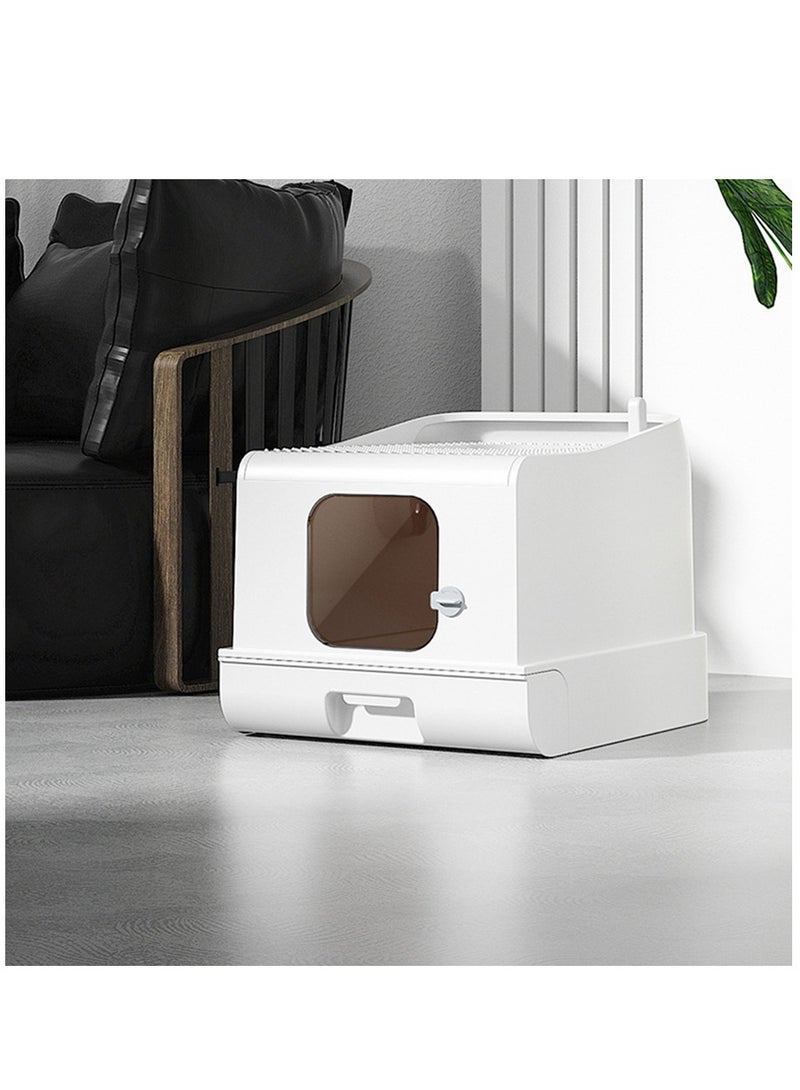 Cat Litter Box Top Entry Cat Litter Box with Lid, Large Covered Litter Box for Cats Foldable Leak Proof Cat Toilet with Cat Litter Scooper and Drawer