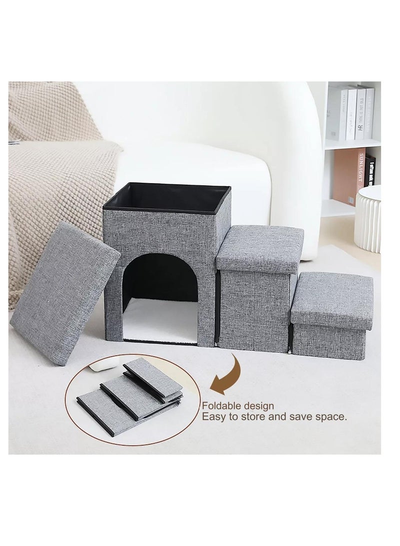 Dog Stairs for Small Dogs, Foldable Dog Steps for Couch and High Bed, 3-Step Pet Stairs with Storage and Pet House, Non-Slip Dog Ramp for Small Dogs and Cats or Pets Joints