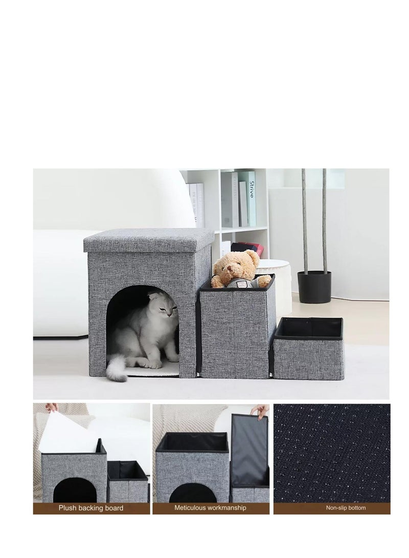 Dog Stairs for Small Dogs, Foldable Dog Steps for Couch and High Bed, 3-Step Pet Stairs with Storage and Pet House, Non-Slip Dog Ramp for Small Dogs and Cats or Pets Joints