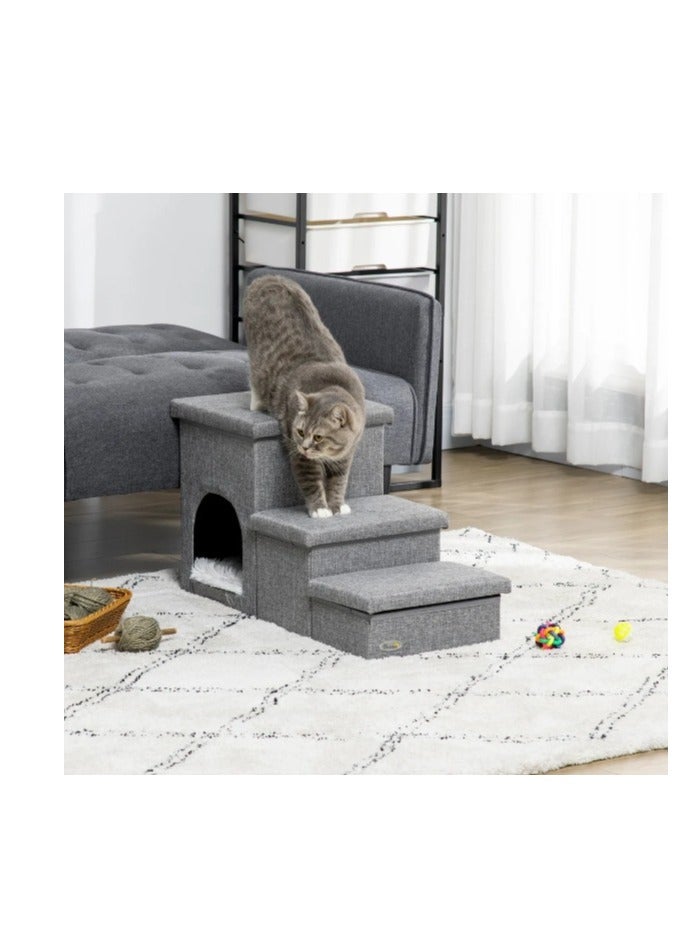 Dog Stairs for Small Dogs, Foldable Dog Steps for Couch and High Bed, 3-Step Pet Stairs with Storage and Pet House, Non-Slip Dog Ramp for Small Dogs and Cats or Pets Joints