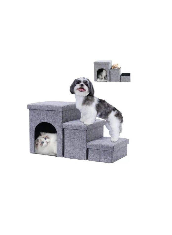 Dog Stairs for Small Dogs, Foldable Dog Steps for Couch and High Bed, 3-Step Pet Stairs with Storage and Pet House, Non-Slip Dog Ramp for Small Dogs and Cats or Pets Joints