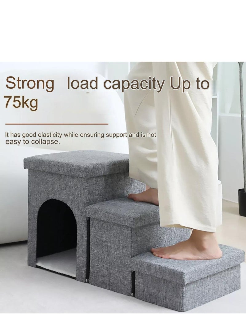 Dog Stairs for Small Dogs, Foldable Dog Steps for Couch and High Bed, 3-Step Pet Stairs with Storage and Pet House, Non-Slip Dog Ramp for Small Dogs and Cats or Pets Joints