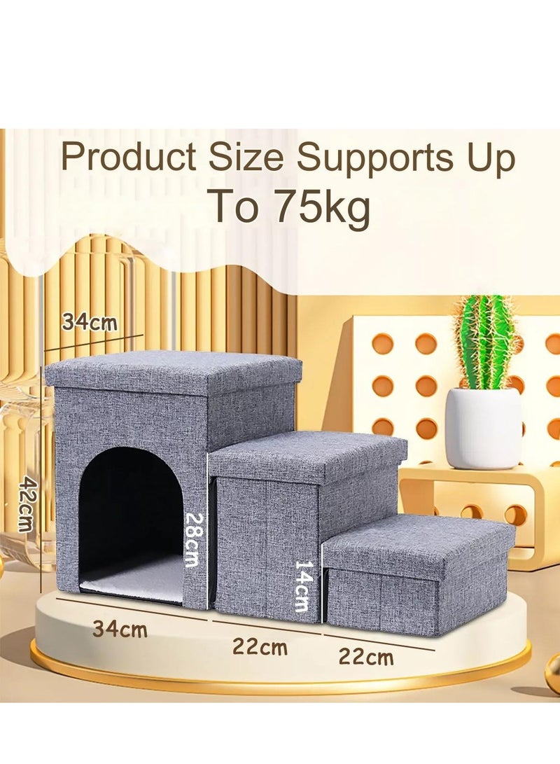 Dog Stairs for Small Dogs, Foldable Dog Steps for Couch and High Bed, 3-Step Pet Stairs with Storage and Pet House, Non-Slip Dog Ramp for Small Dogs and Cats or Pets Joints