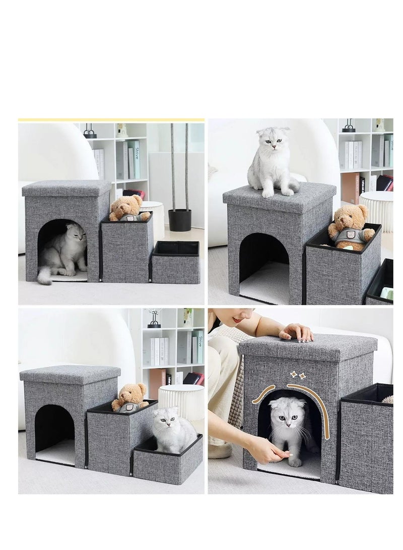 Dog Stairs for Small Dogs, Foldable Dog Steps for Couch and High Bed, 3-Step Pet Stairs with Storage and Pet House, Non-Slip Dog Ramp for Small Dogs and Cats or Pets Joints