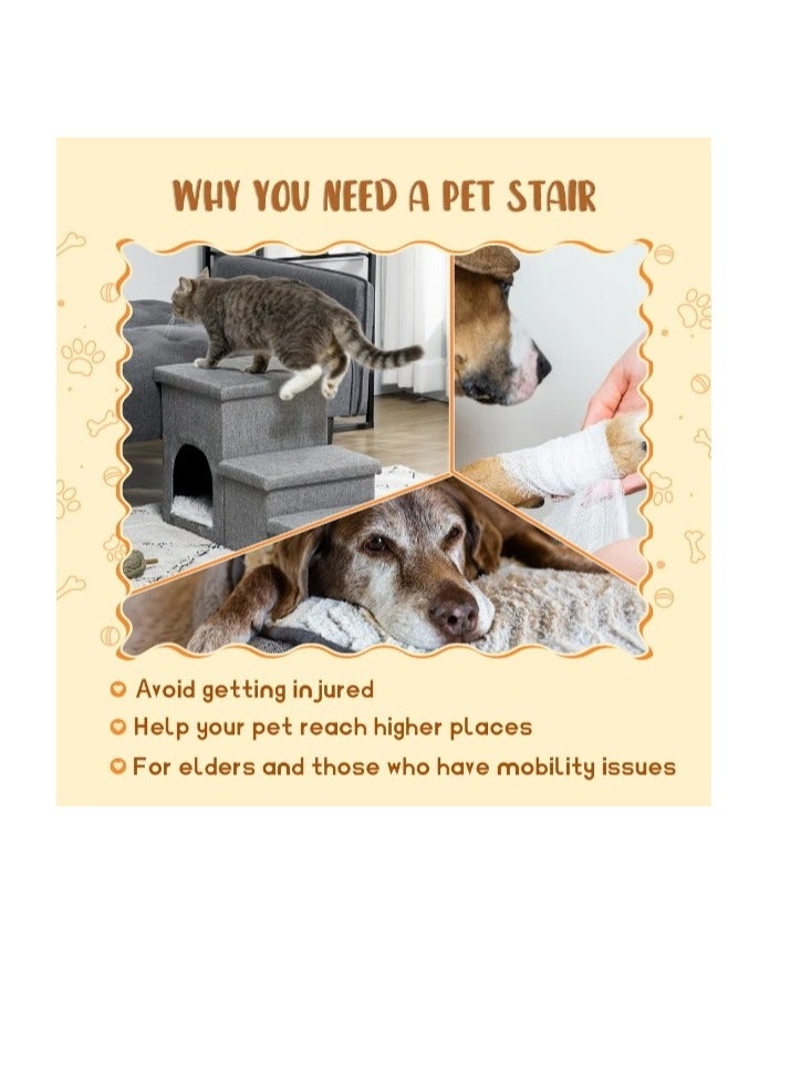 Dog Stairs for Small Dogs, Foldable Dog Steps for Couch and High Bed, 3-Step Pet Stairs with Storage and Pet House, Non-Slip Dog Ramp for Small Dogs and Cats or Pets Joints
