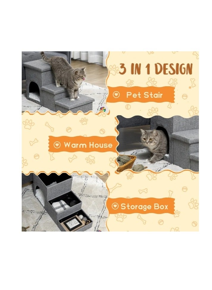 Dog Stairs for Small Dogs, Foldable Dog Steps for Couch and High Bed, 3-Step Pet Stairs with Storage and Pet House, Non-Slip Dog Ramp for Small Dogs and Cats or Pets Joints