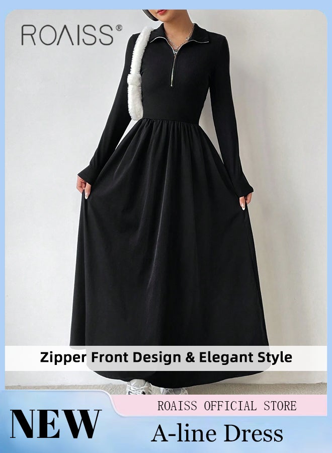 Zipper Front A-Line Dress for Women Slim Fit Lapel Neck Solid Black Color Minimalist Long Sleeve Dress Ladies Stylish Versatile Waistming Temperament Knitted Dress
